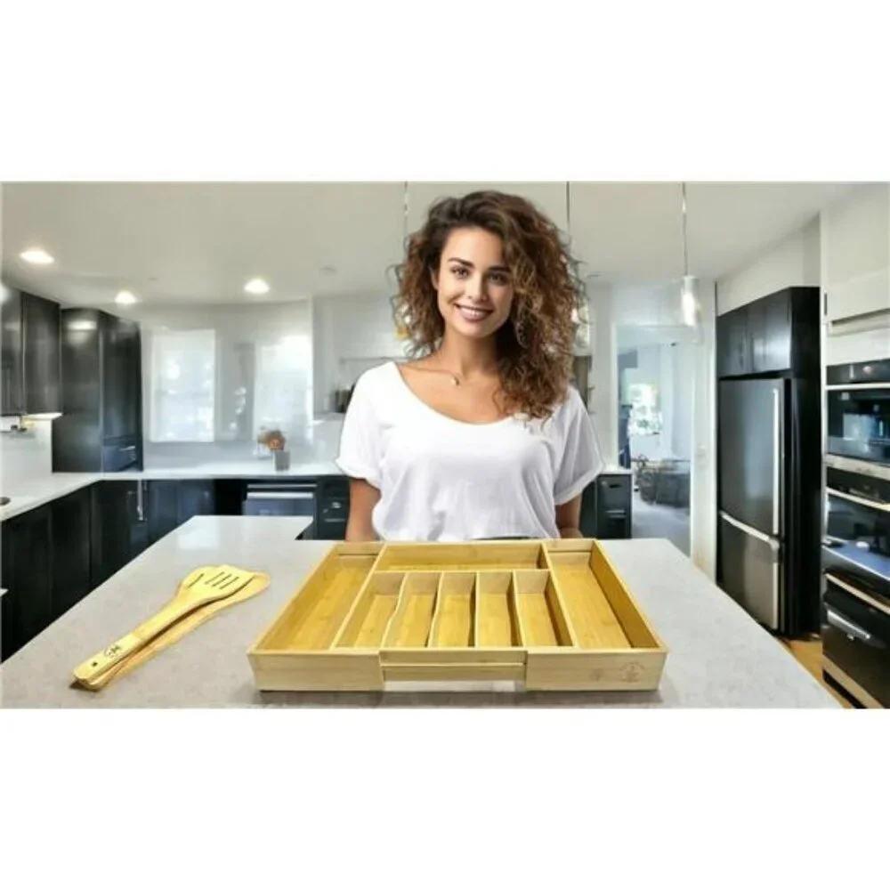 Expandable bamboo silverware drawer organizer large utensil flatware cutlery tra